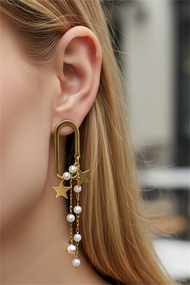 Altın Renk Yıldız Figürlü İnci Detaylı Sallantılı Çelik Küpe (Çift)