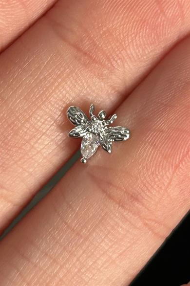 Gümüş Renk Arı Figürlü Cerrahi Çelik Tragus/Kıkırdak Küpe/Piercing (Tek)