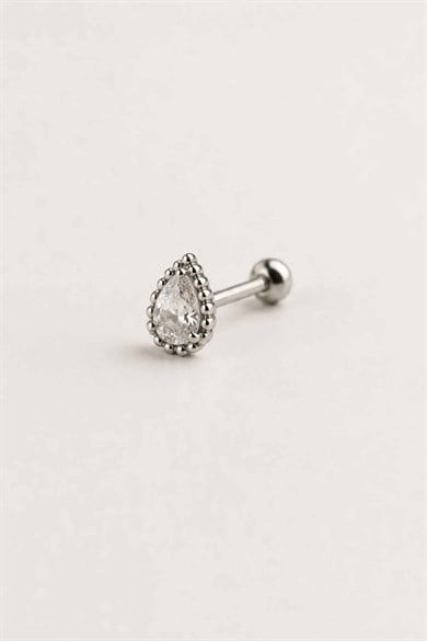 Gümüş Renk Taşlı Büyük Boy Cerrahi Çelik Tragus/Kıkırdak Küpe/Piercing (Tek)