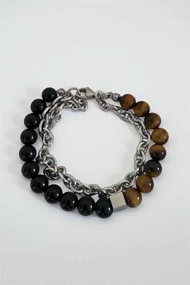 Karışık Renk Zincir Ve Boncuk Detaylı Çelik Erkek Bileklik
