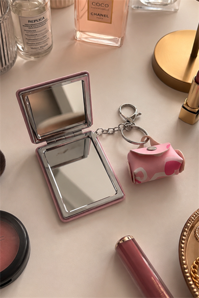 Pembe Renk Kız Detaylı Cep Aynası/Çanta Charm