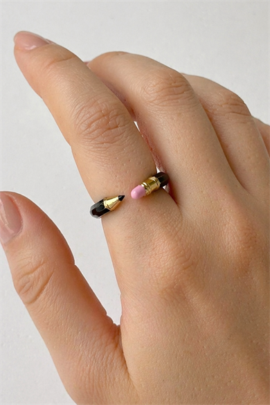 Altın Ve Siyah Renk Kalem Figürlü Ayarlanabilir Yüzük