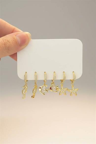 Altın Renk 6lı Karışık Figürlü Set Küpe