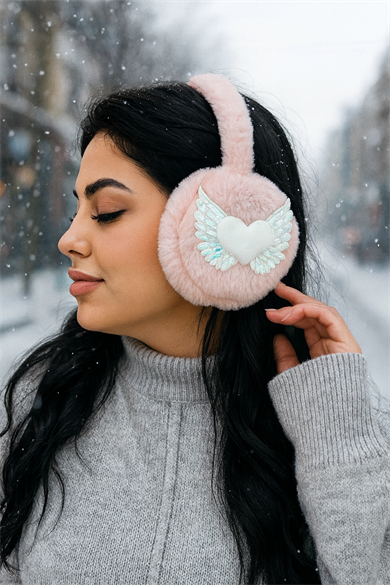 Somon Renk Kalp Detaylı Peluş Kulaklık