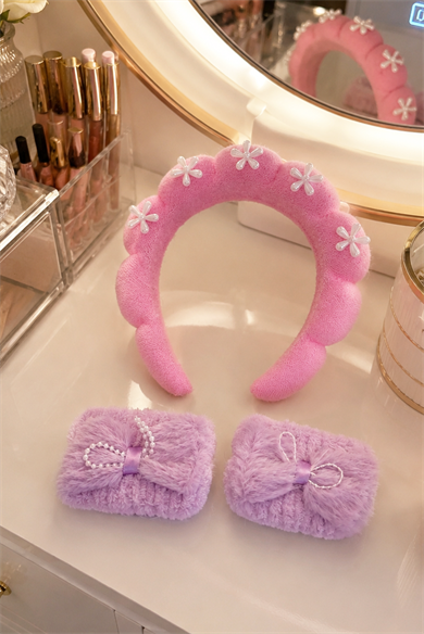 Pembe Renk İncili Spa Saç Bandı Ve Peluş Su Emici Havlu Bileklik Set