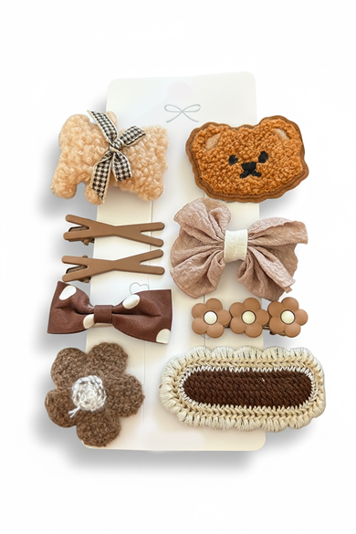 8li Kahverengi Karışık Figürlü Yan Toka Set