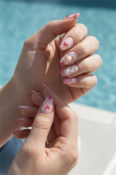 12li Pembe Renk Çilek Figürlü Taş Detaylı Takma Tırnak Set (Yapıştırıcılı)