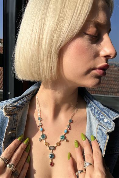 Altın Renk Taş Detaylı 14K Altın Kaplama VİP Kolye