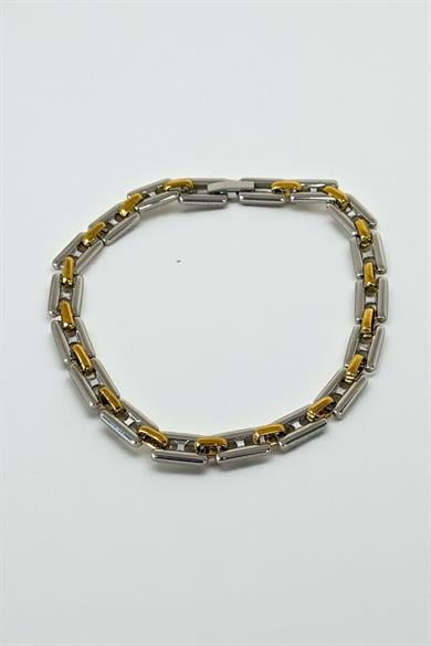 Gümüş Ve Altın Renk Zincir Detaylı Çelik Erkek Bileklik