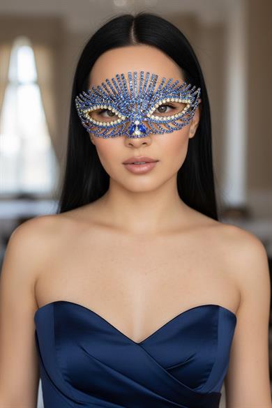 Altın Renk Mavi Taş Detaylı Tasarım Parti Maskesi