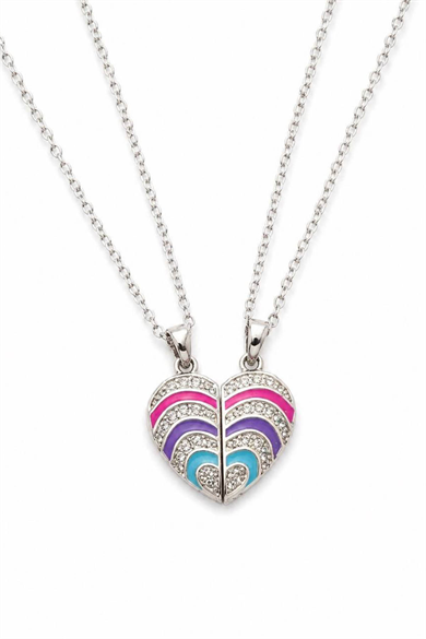 Gümüş Renk Kalp Figürlü Taş Detaylı Mıknatıslı Çelik Arkadaşlık Kolyesi