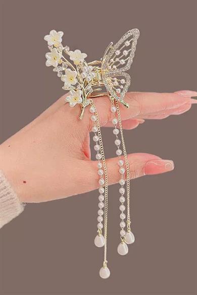 Altın Renk Kelebek Figürlü İnci Detaylı Metal Mandal Toka