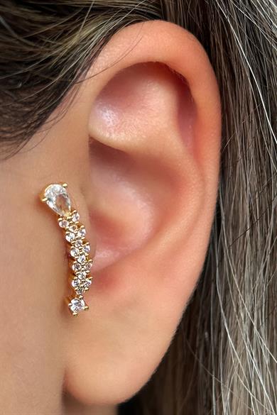 Altın Renk Taş Detaylı Çelik Tragus/Kıkırdak Küpe/Piercing (Tek)