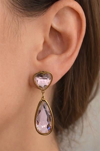 Altın Renk Pembe Taş Detaylı Kalp Figürlü Çelik Küpe (Çift)