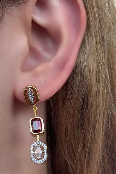 Altın Renk Pembe Taş Detaylı YSX Küpe (Çift)