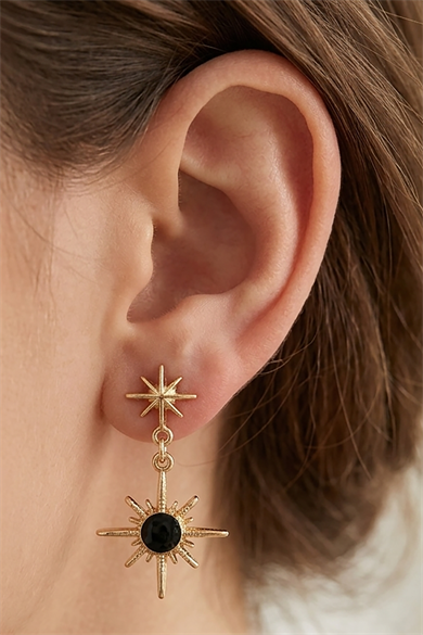 Altın Renk Siyah Taş Detaylı Yıldız Figürlü Küpe (Çift)