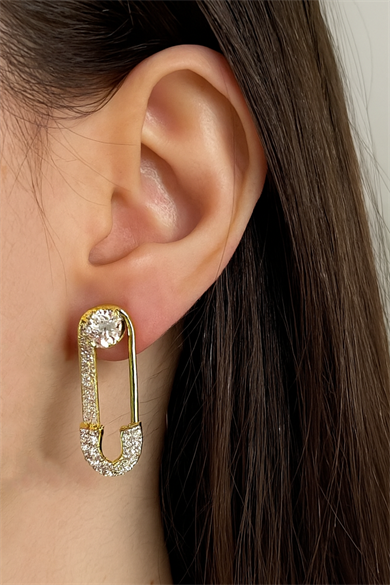 Altın Renk Kilit Figürlü Taş Detaylı Küpe (Çift)