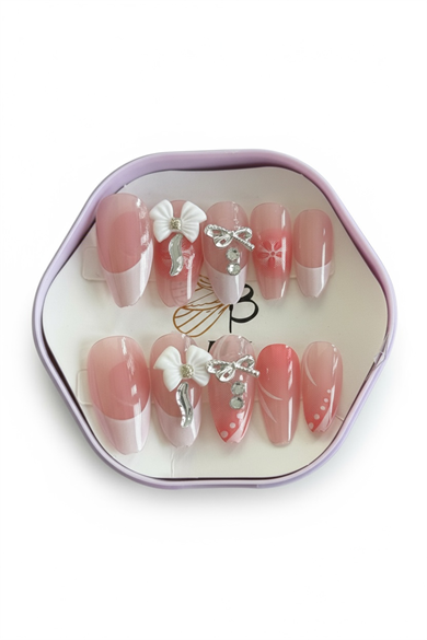 12li Pembe Renk Kurdele Figürlü Taş Detaylı Takma Tırnak Set (Yapıştırıcılı)