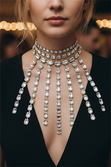 Gümüş Renk Taş Detaylı Tasarım Abiye Kolye