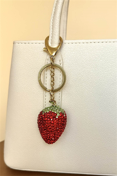 Altın Ve Kırmızı Renk Çilek Figürlü Taş Detaylı Çanta Charm/ Anahtarlık