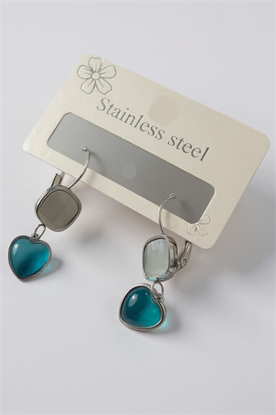 Gümüş Renk Mavi Taş Detaylı Çelik Küpe (Çift)