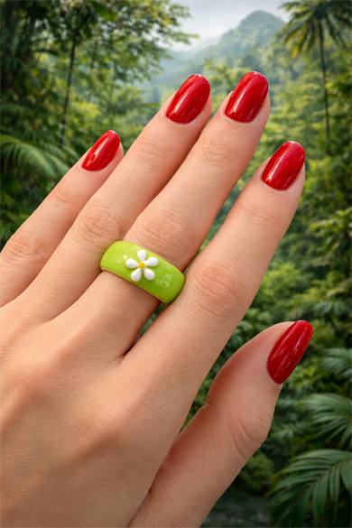 Yeşil Renk Papatya Detaylı Ayarlanabilir Yüzük