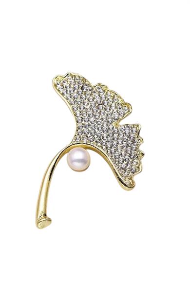 Altın Renk İnci Detaylı Taşlı Broş