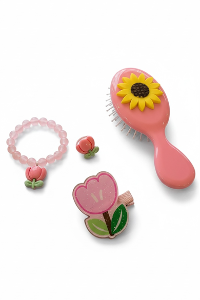 Pembe Renk Çocuk Tarak,Bileklik,Yüzük Ve Toka Set