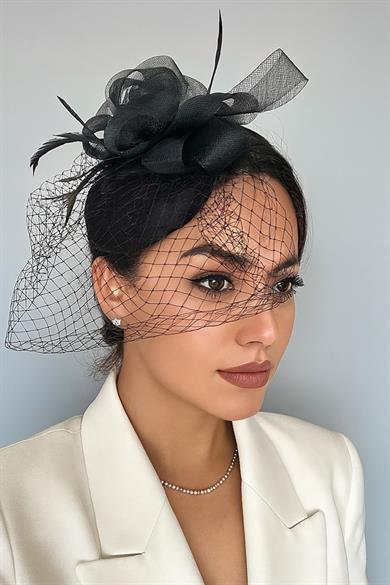 Siyah Renk Çiçek Detaylı Nikah Şapkası/Vualet Şapka