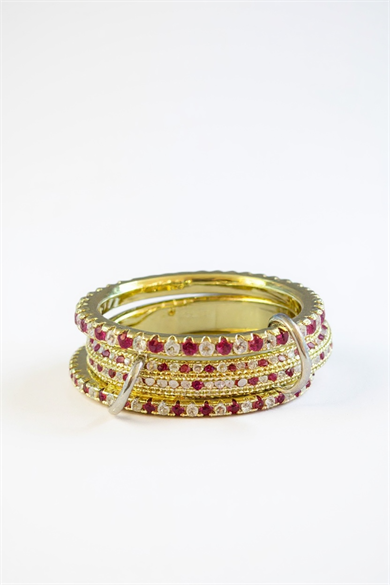 Altın Ve Bordo Renk Çoklu Halka Detaylı Taşlı Yüzük