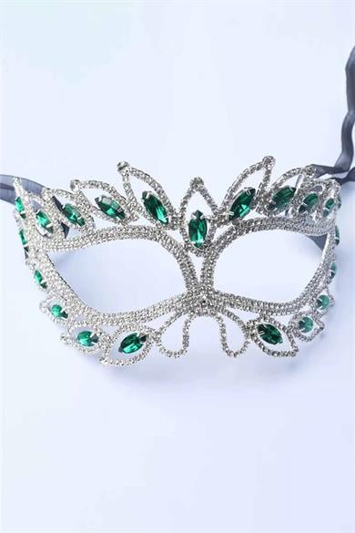 Gümüş Renk Yeşil Taş Detaylı Tasarım Parti Maskesi