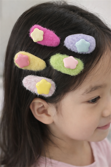 5li Karışık Renk Yıldız Figürlü Peluş Yan Toka Set