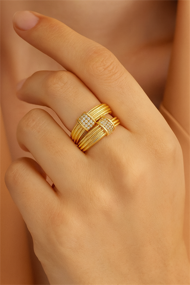 Altın Renk İkili Taş Detaylı Ayarlanabilir Çelik Yüzük