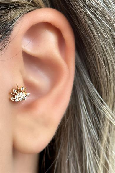 Altın Renk Taş Detaylı Çelik Tragus/Kıkırdak Küpe/Piercing (Tek)