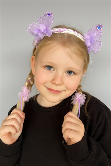 Mor Renk Kelebek Figürlü Örgü Detaylı Çocuk Taç