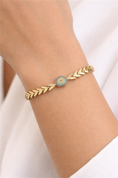 Altın Renk Nazar Boncuğu Figürlü 14K Altın Kaplama VİP Bileklik