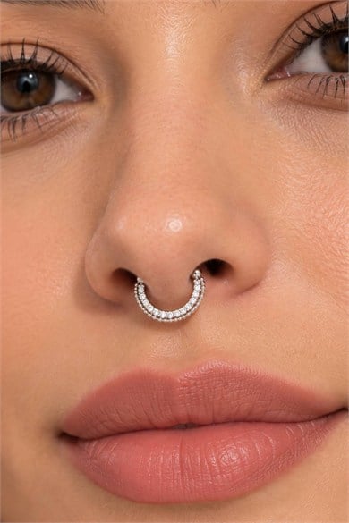 Gümüş Renk Taşlı Cerrahi Çelik Deliksiz Septum Piercing