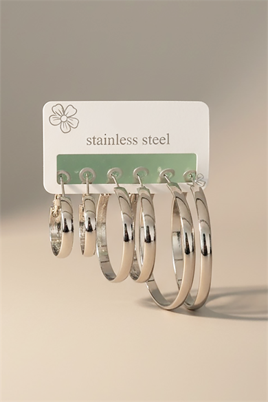 6lı Gümüş Renk Taş Detaylı Çelik Küpe Set