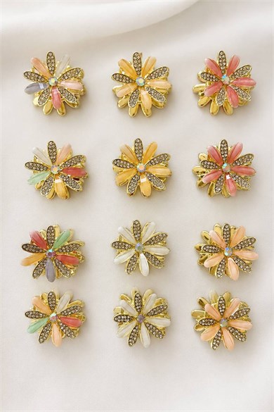 12li Karışık Renk Çiçek Figürlü Taş Detaylı Metal Mandal Toka Set
