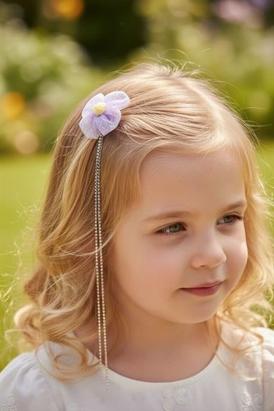 Mor Renk Kelebek Figürlü İnci Detaylı Çocuk Yan Toka