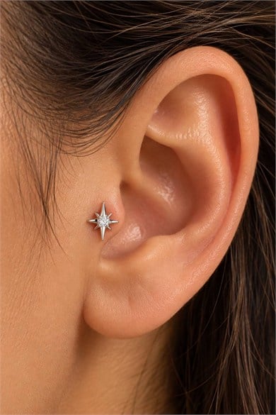 Gümüş Renk Taşlı Cerrahi Çelik Tragus/Kıkırdak Küpe/Piercing (Tek)