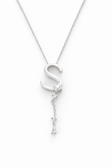 Gümüş Renk S Harfli Taş Detaylı Çelik Kolye