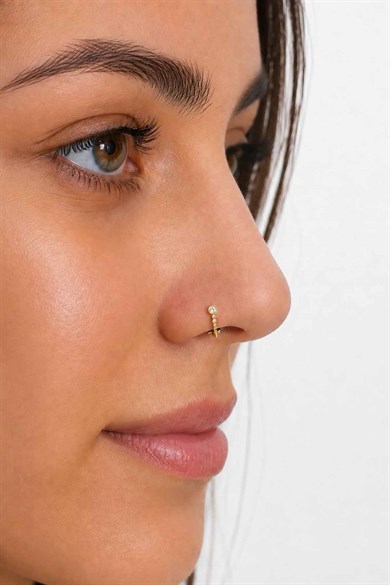 Altın  Renk Taş Detaylı Cerrahi Çelik Deliksiz Kulak/Burun Piercing 
