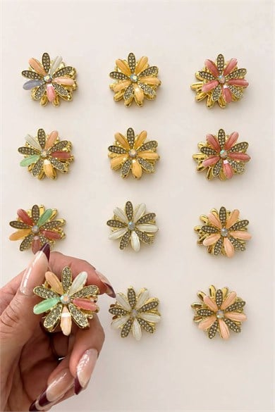 12li Karışık Renk Çiçek Figürlü Taş Detaylı Metal Mandal Toka Set