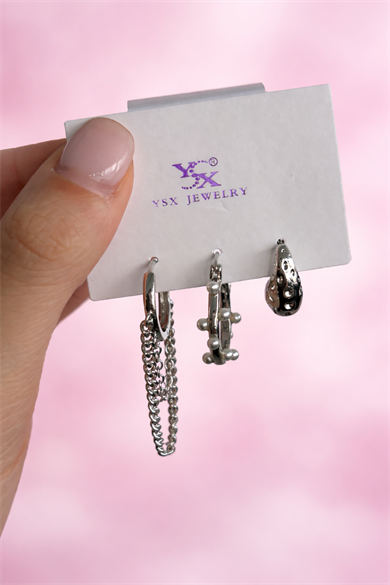 Gümüş Renk İnci Detaylı 3lü YSX Küpe Set
