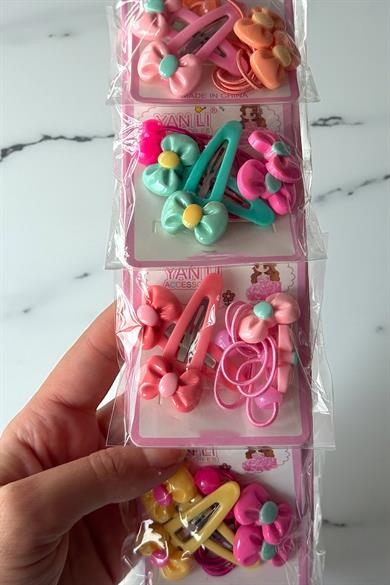 6lı Karışık Renk Kurdele Figürlü Lastik Toka Ve Yan Toka Set 