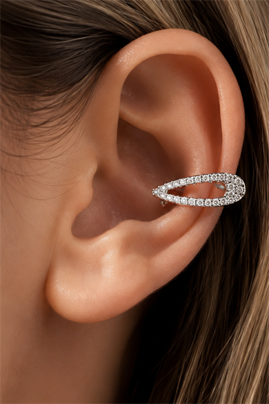 Gümüş Renk Taş Detaylı TX Ear Cuff (Tek)