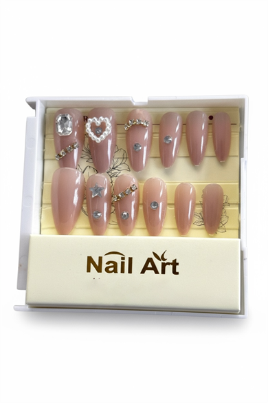 12li Nude Taş Detaylı Krem Renk Takma Tırnak Set (Yapıştırıcılı)