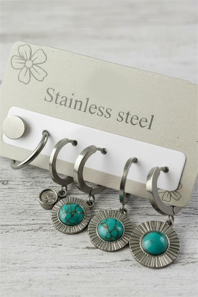 6lı Gümüş Renk Taş Detaylı Çelik Küpe Set