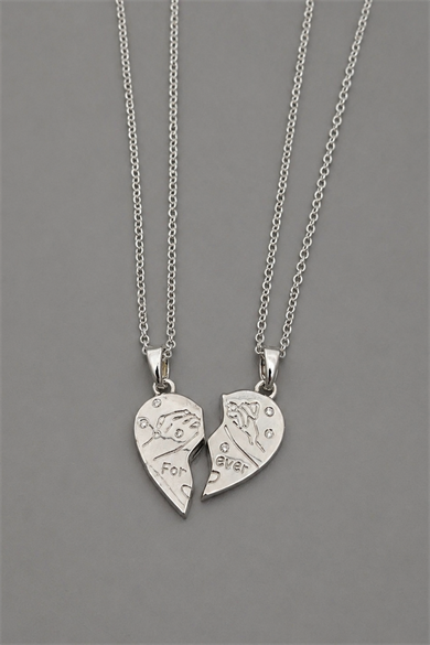 Gümüş Renk Kalp Figürlü Taş Detaylı Mıknatıslı Çelik Arkadaşlık Kolyesi